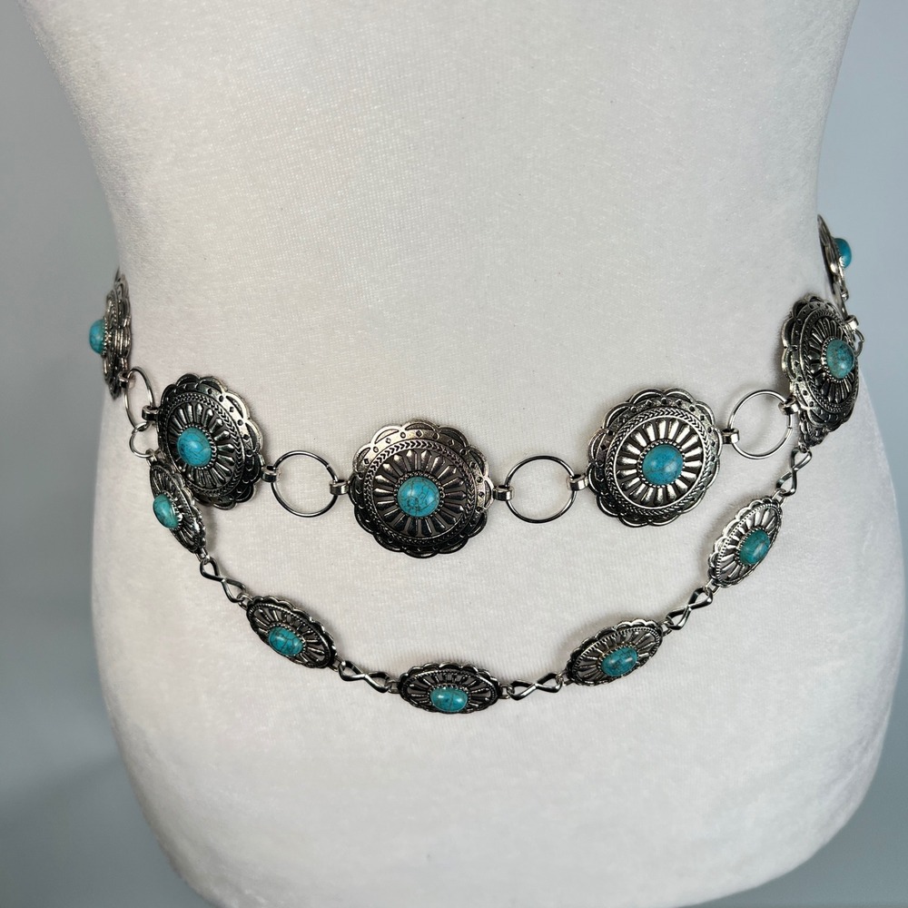 Western Silver Tone Concho Double Layer Chain Belt Turquoise Accents Adjustable